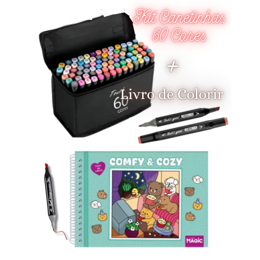 Kit 60 Cores de Canetinhas e livro de colorir
