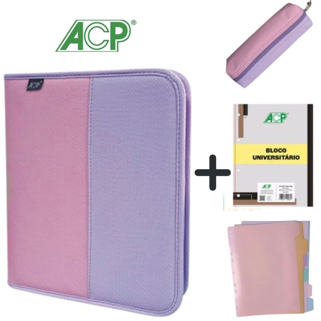 Fichário Universitário Escolar Argolado Bicolor Com Bloco de Folhas e Divisórias Rosa e Lilás ACP