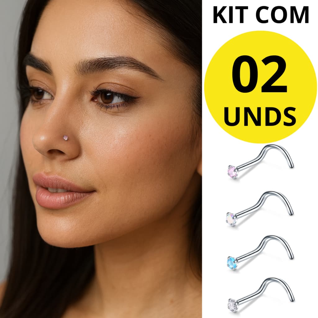 Piercing de Nariz Kit C/2 Nostril Antialérgico Aço Cirúrgico C/ Pedra Zircônia Feminino Elegante