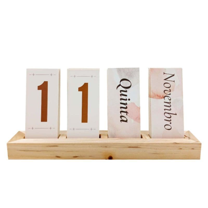 Calendário Permanente de Mesa Com Base de Madeira Home Office Decoração Fixo Plaquinhas
