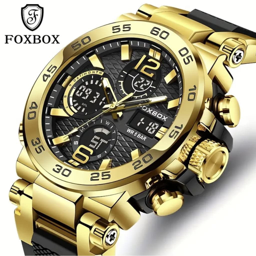 Relógio FOXBOX Masculino Digital Duplo Display à Prova d’Água Luz e Pulseira de Silicone com Caixa