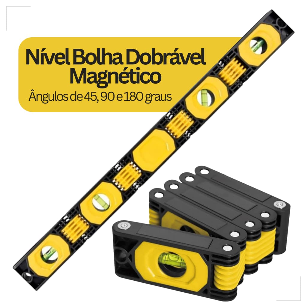Nível Bolha Magnético Articulado 3 Ângulos 45° 90° 180° Profissional