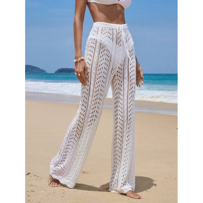 Calça Saída de Praia Pantalona Cintura alta Tricot Crochê Moda Praia Verão Regulagem Rendada Trança
