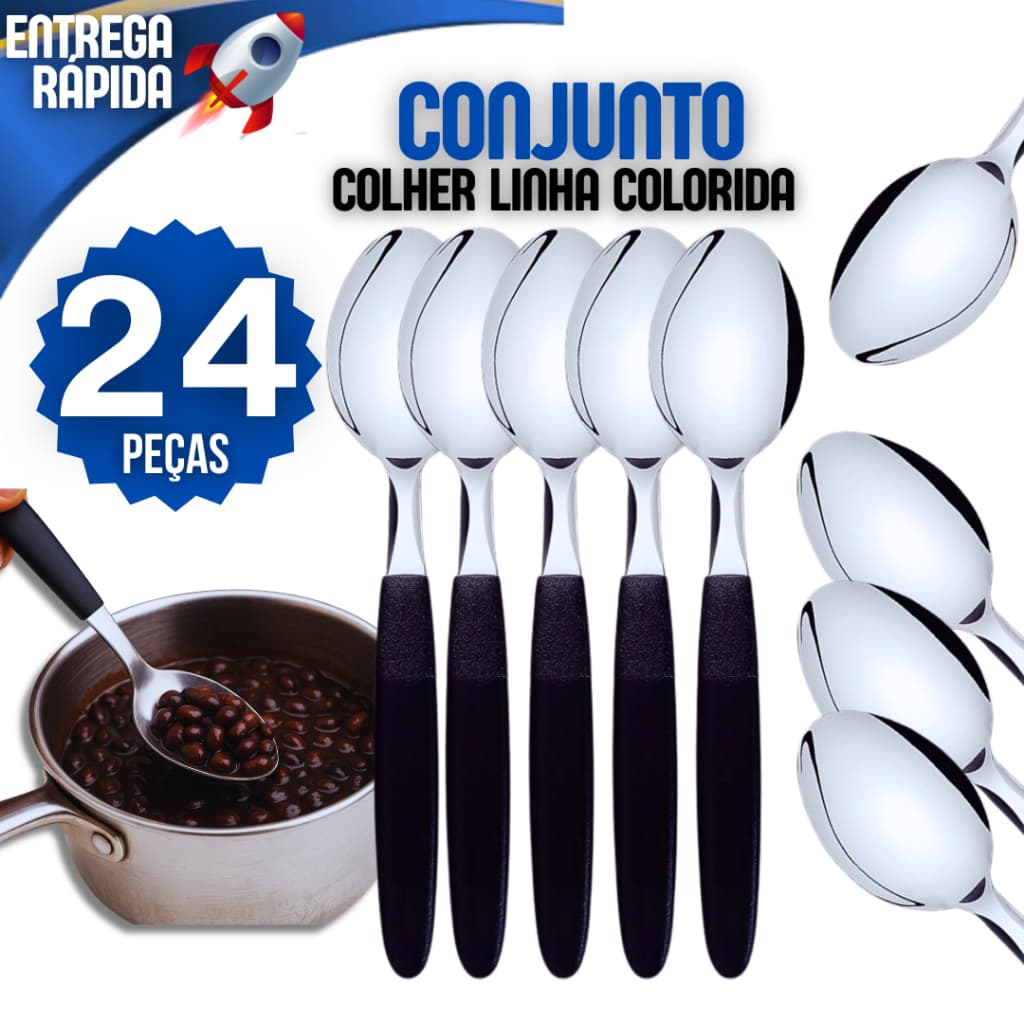 Kit 24 Colheres Aço Inox 24 Colher de Mesa Casa Para Restaurante Cabo Preto Colheres Cabo Colorido