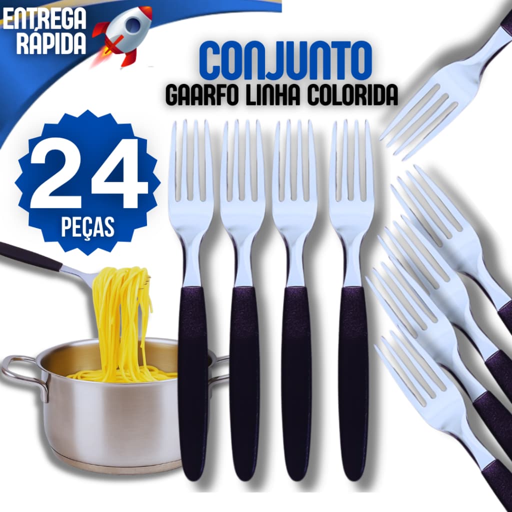 Kit 24 Talheres Aço Inox 24 Garfo de Mesa Casa Para Restaurante Cabo Preto Garfos Cabo Colorido