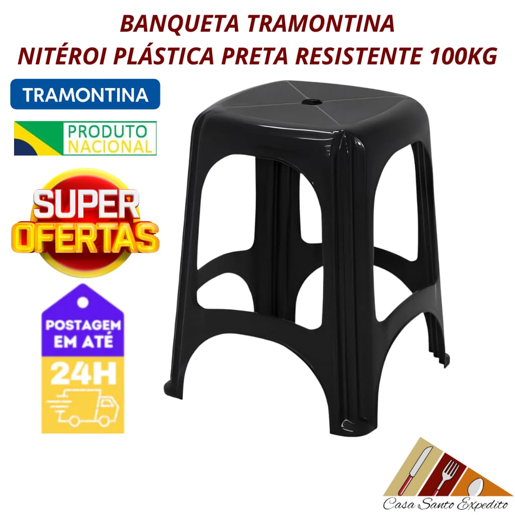 Banqueta Banco Tramontina Niterói ECO Plástico Polipropileno Preto 100kg Inmetro Resistente e Leve