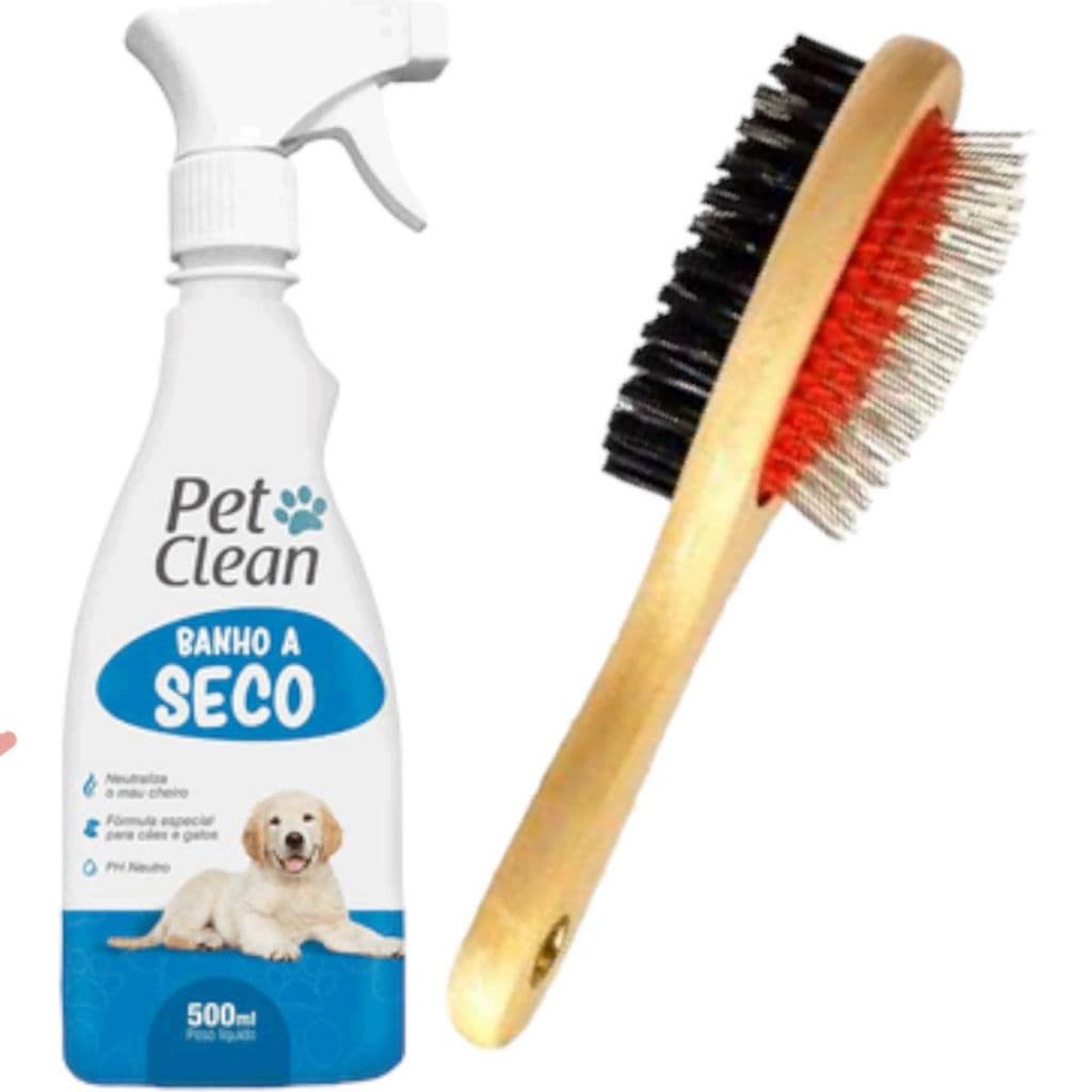 Kit Pet Clean Banho a Seco 500ml e Escova para Pelos Dupla em Madeira Cachorro Gato