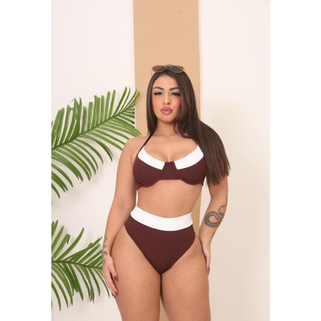 Conjunto Feminino Biquini Cortininha Cintura Alta Poliamida Canelado Moda Praia