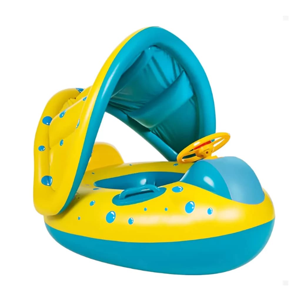 Boia Bebê Infantil Piscina Com Cobertura Inflável Proteção UV Bote Cor Azul e Amarelo