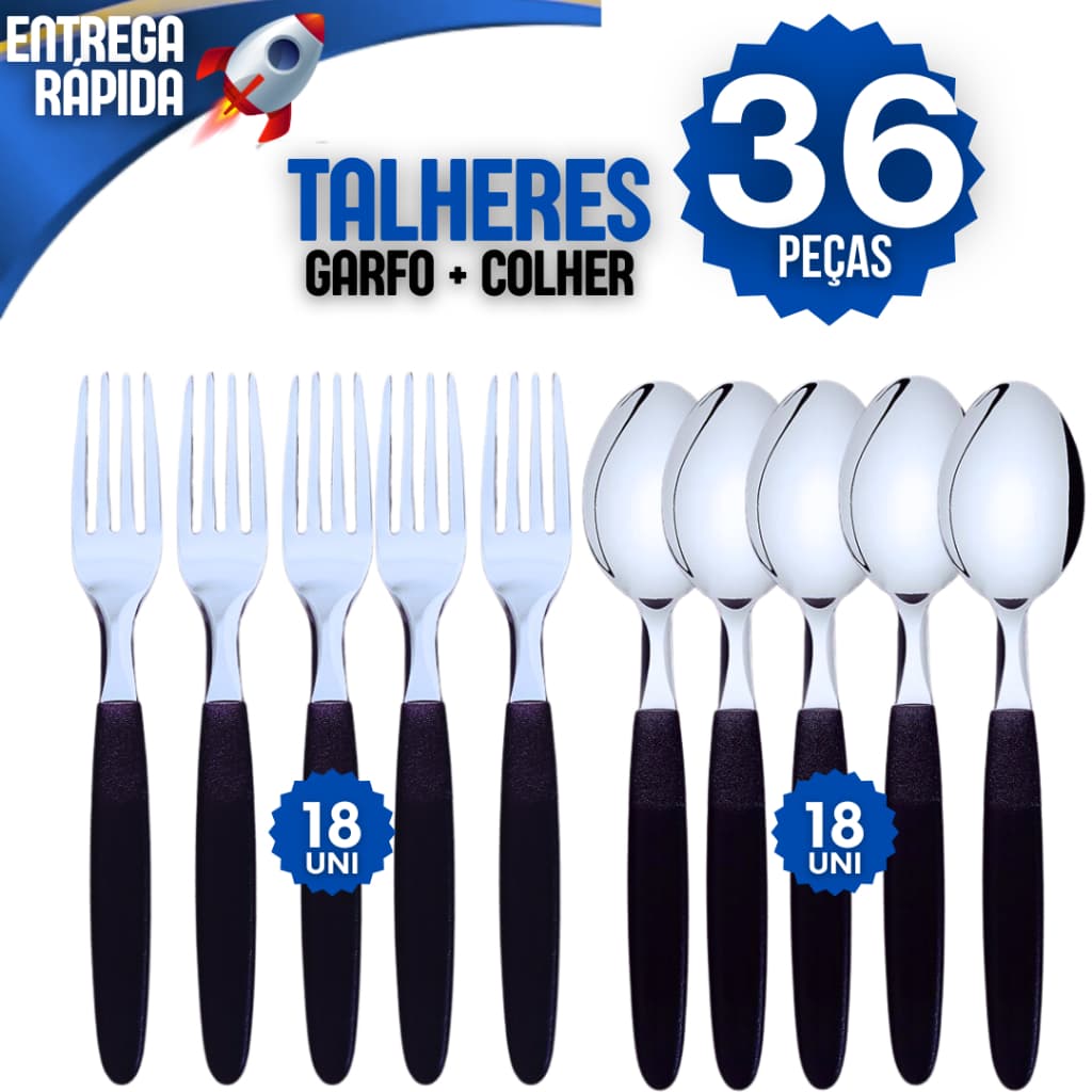 Kit Talher 36 Peças Inox 18 Garfos 18 Colheres Alta Qualidade Premium Coloridos Mesa Cozinha Preto