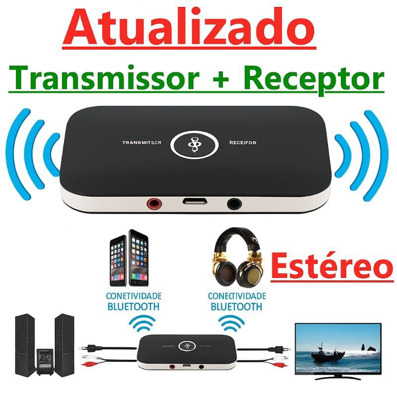Adaptador Bluetooth 5.3  2 em 1 – Transmissor e Receptor, AUX/RCA, Som Automotivo, TV, PC, Caixa de Som