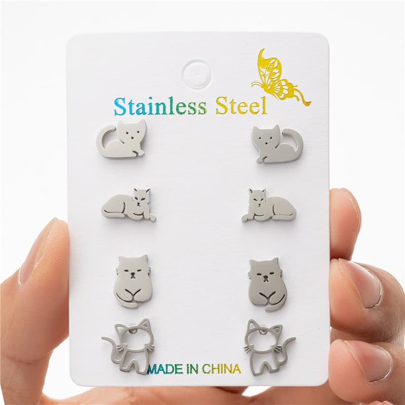 PRESENTE BRINCOS DE GATO EM PRATA 925 INOX ESTERLINA 4 PARES SEMANINHA - GATINHOS
