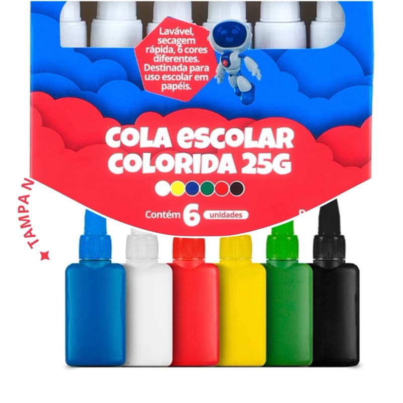 COLA ESCOLAR COLORIDA 25G – LAVÁVEL, 6 CORES VIBRANTES, BICO APLICADOR