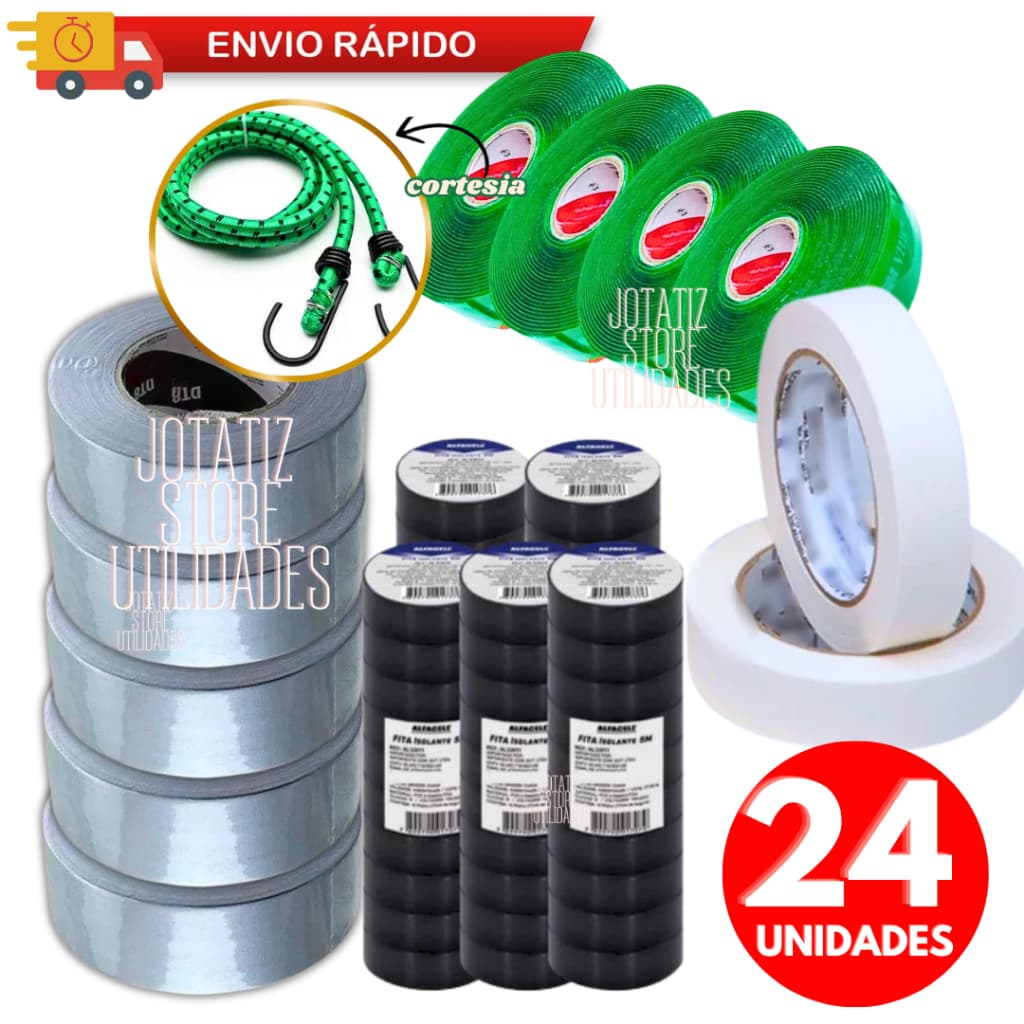 24 Rolos Fitas Isolante Antichama Preta 5m Silver Tape Dupla Face Fita Crepe Corda Elástico P/ Emendas De Fios E Cabos