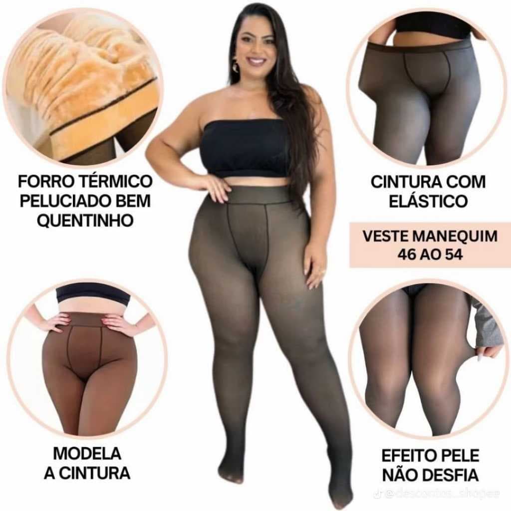 Meia Calça Plus Size Térmica Forrada Peluciada Translúcida de Lã Super Elástica Tamanho 48 ao 54