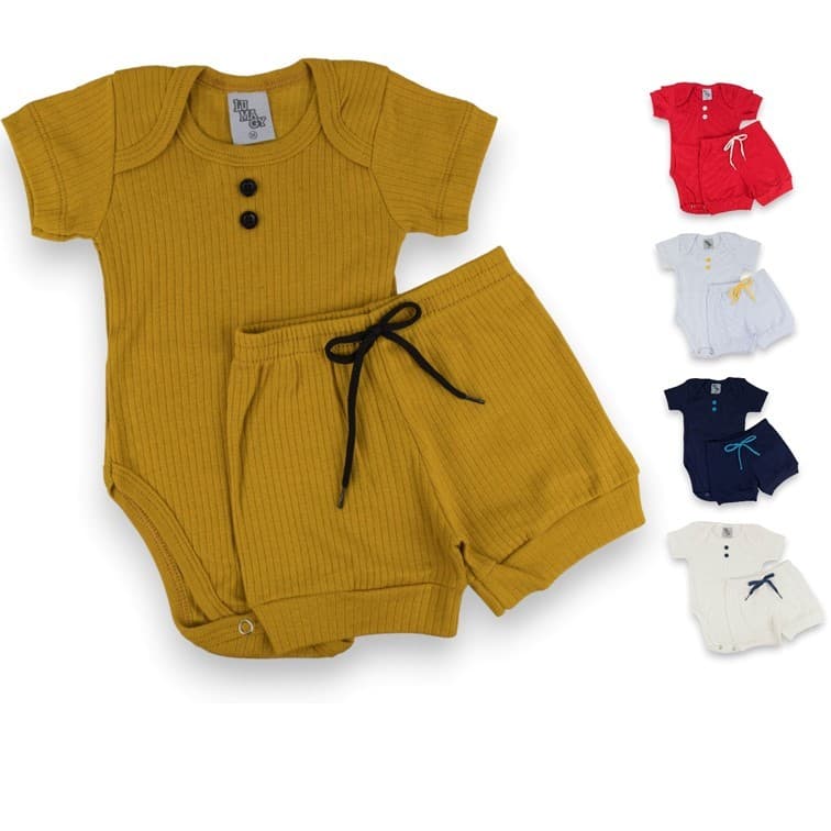 Conjunto Body Canelado 2 peças verão. Body e Shorts Roupa Bebê Infantil Menino e Menina