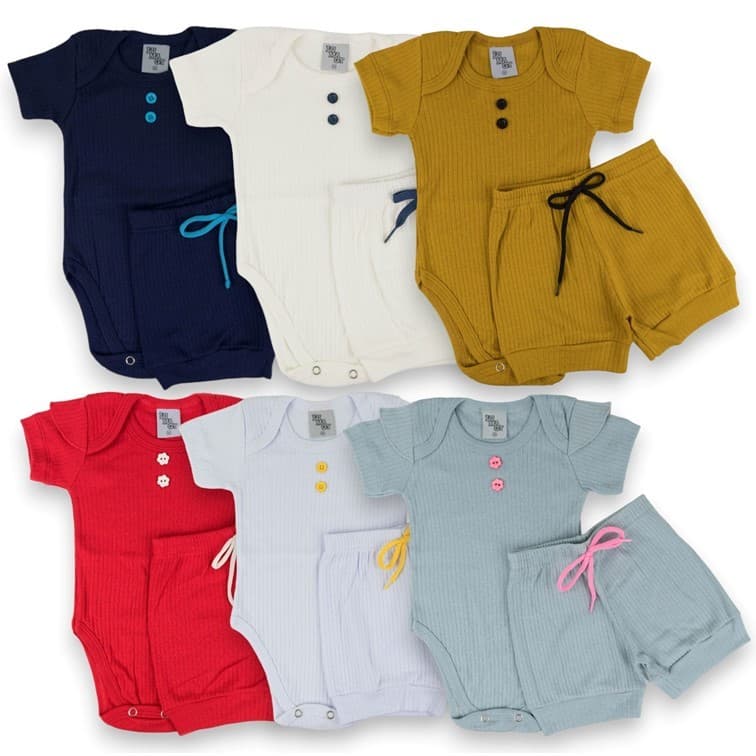 Kit 6 Peças Roupa para Bebê Body Canelado Curto Sortidos. 3 Body + 3 Bermudinhas. Menino e Menina