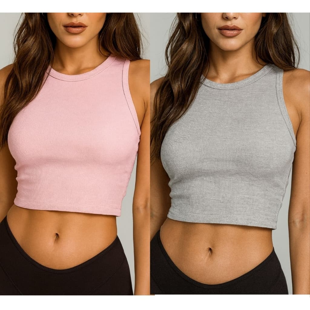 Kit 2 Cropped Feminino Canelado Basico - Moda Verao''