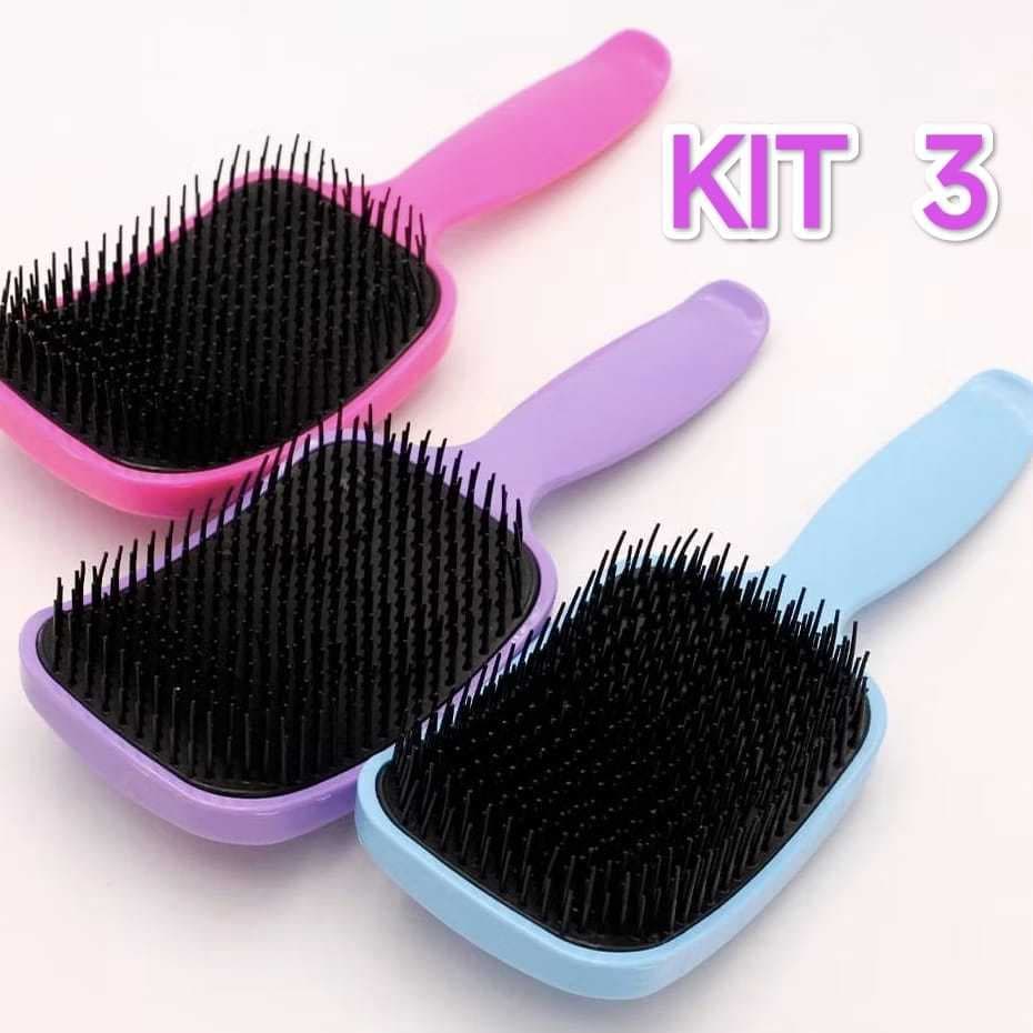 kit 3  Escovas De Cabelo Raquete Almofadada