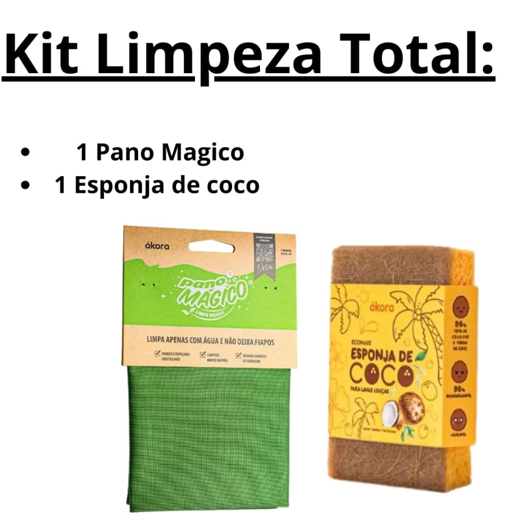 Kit Pano Limpa Vidro Akora + Esponja de Coco Akora Ecológica Multiuso Limpeza Cozinha Banheiro Vidros Espelhos