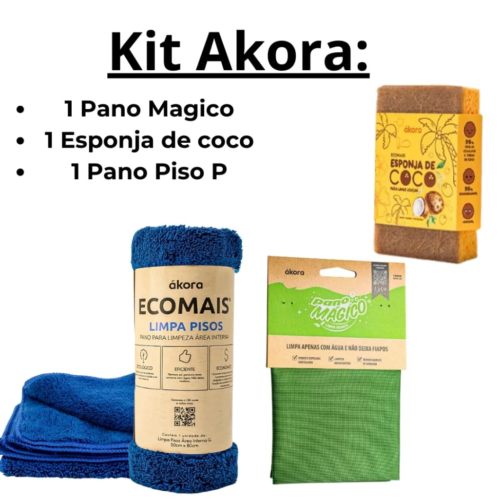 Kit Cozinha Brilhante → Esponja de coco + Pano Magico Vidros+ Pano Piso