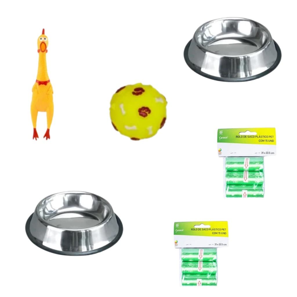 Kit para filhotes de Cachorros ou Raças pequenas Vasilhame Brinquedos Cata cacas Saco higiênico