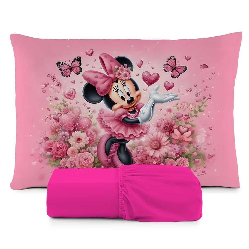 JOGO DE LENÇOL INFANTIL DE LUXO MINNIE COM BORBOLETAS  FRONHA TRAVESSEIRO LENÇOL DE ELASTICO