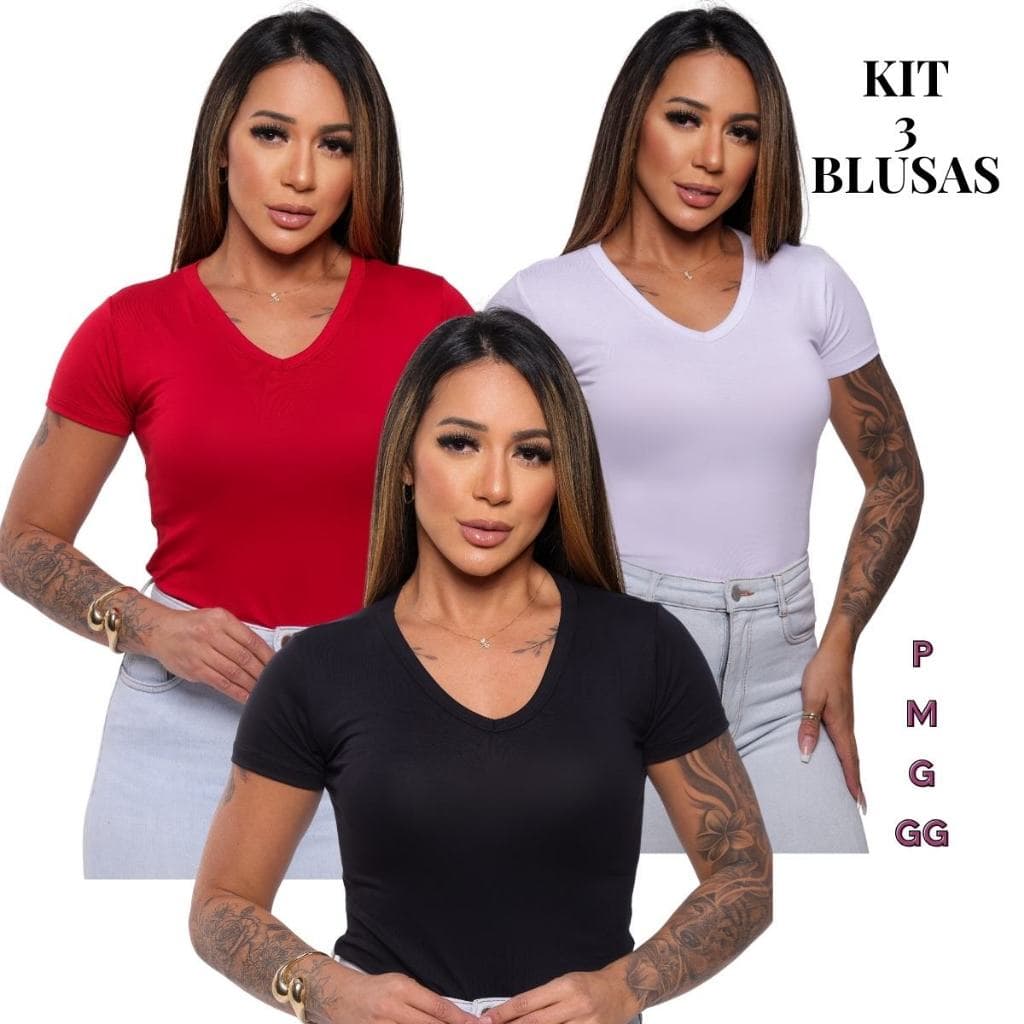 Kit 3 Blusa Feminina Decote V Baby look Viscolycra  Blusa Manga Curta T-shirt