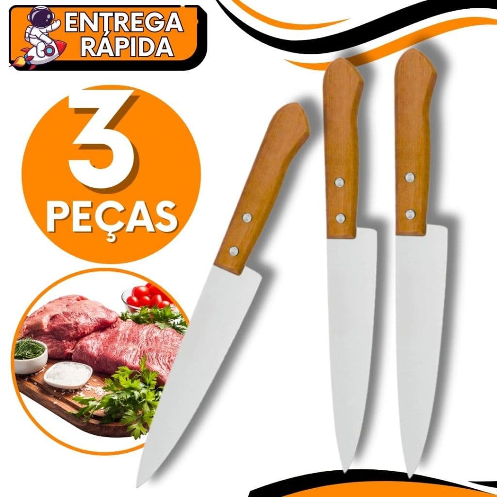 KIT JOGO 3 Faca De Cozinha Inox Profissional 8” do Chef 30cm Cabo Madeira | Para Cozinha Gourmet Carne Churrasco Corte