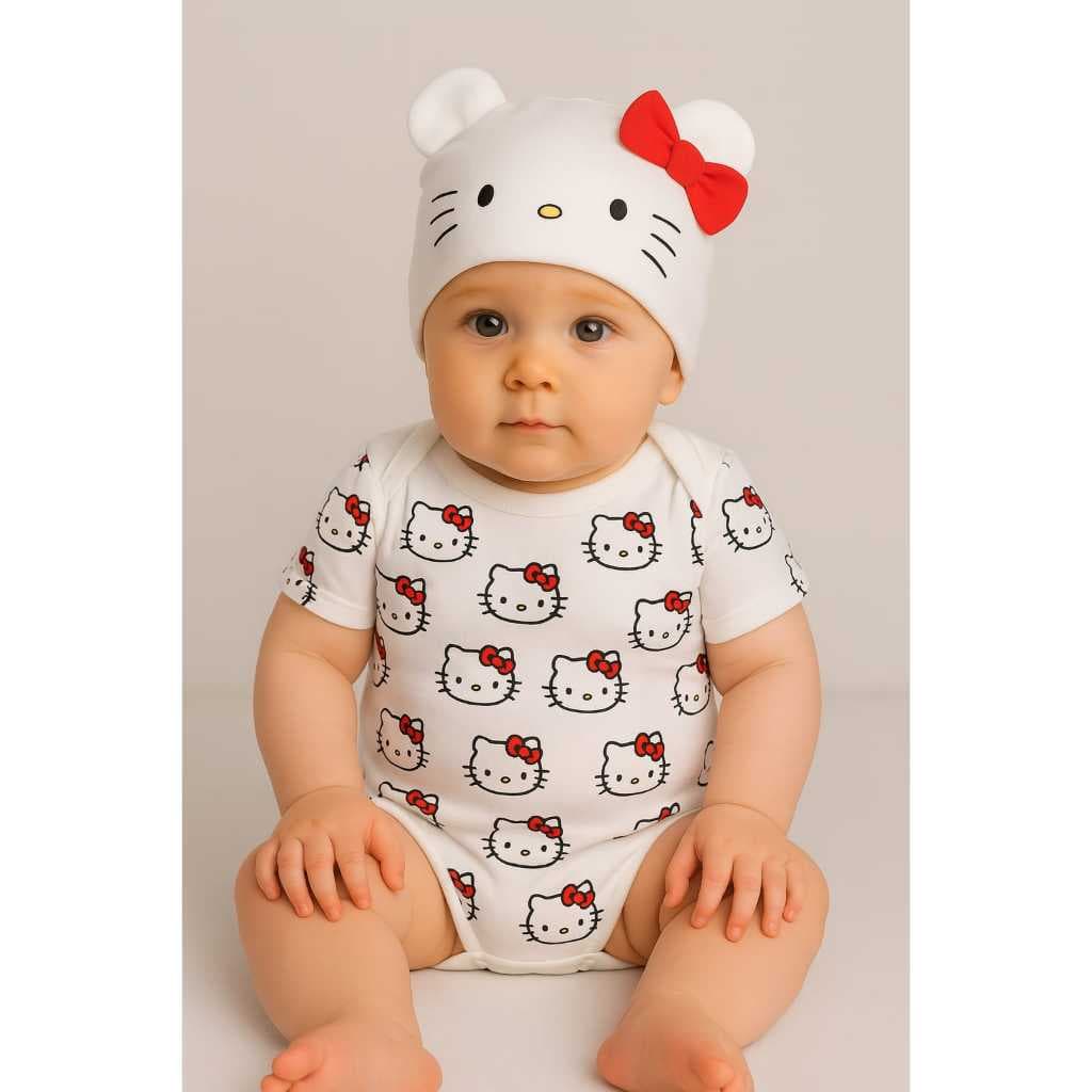 Kit 2 Peças - Body + Touquinha HELLO KITTY Para Bebê Fantasia Mesversário Bodie Bore