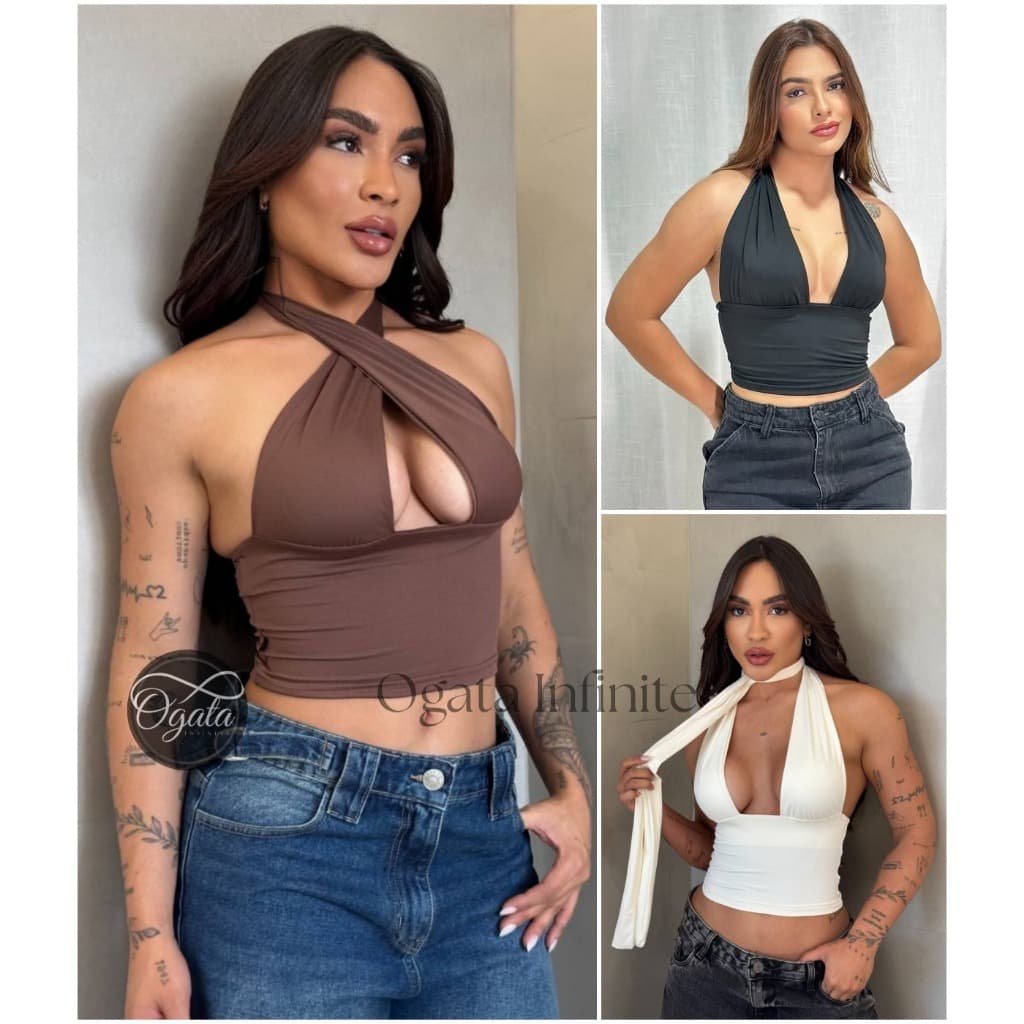 Blusa Cropped Amarraçao Multi forma Top Decote Festa Moda Gringa Decotado Suplex Premium Sustentaçao