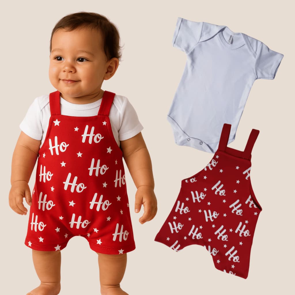 kit conjunto jardineira e body natal, roupa infantil tematica hohoho + branco liso 100% algodão