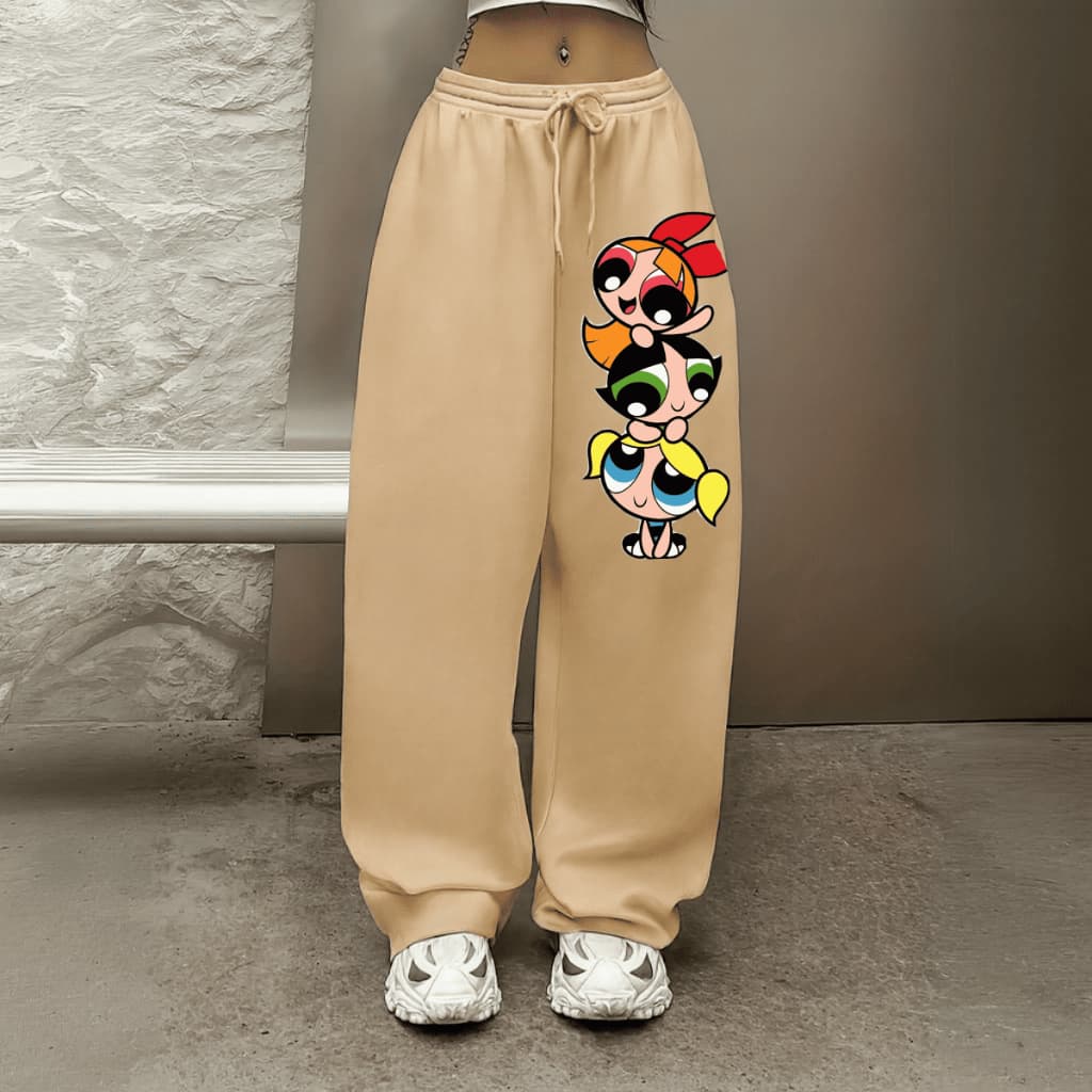 Calça Wide Leg Urban Style Moletom Confortável Unissex Estampada As Meninas Super Poderosas