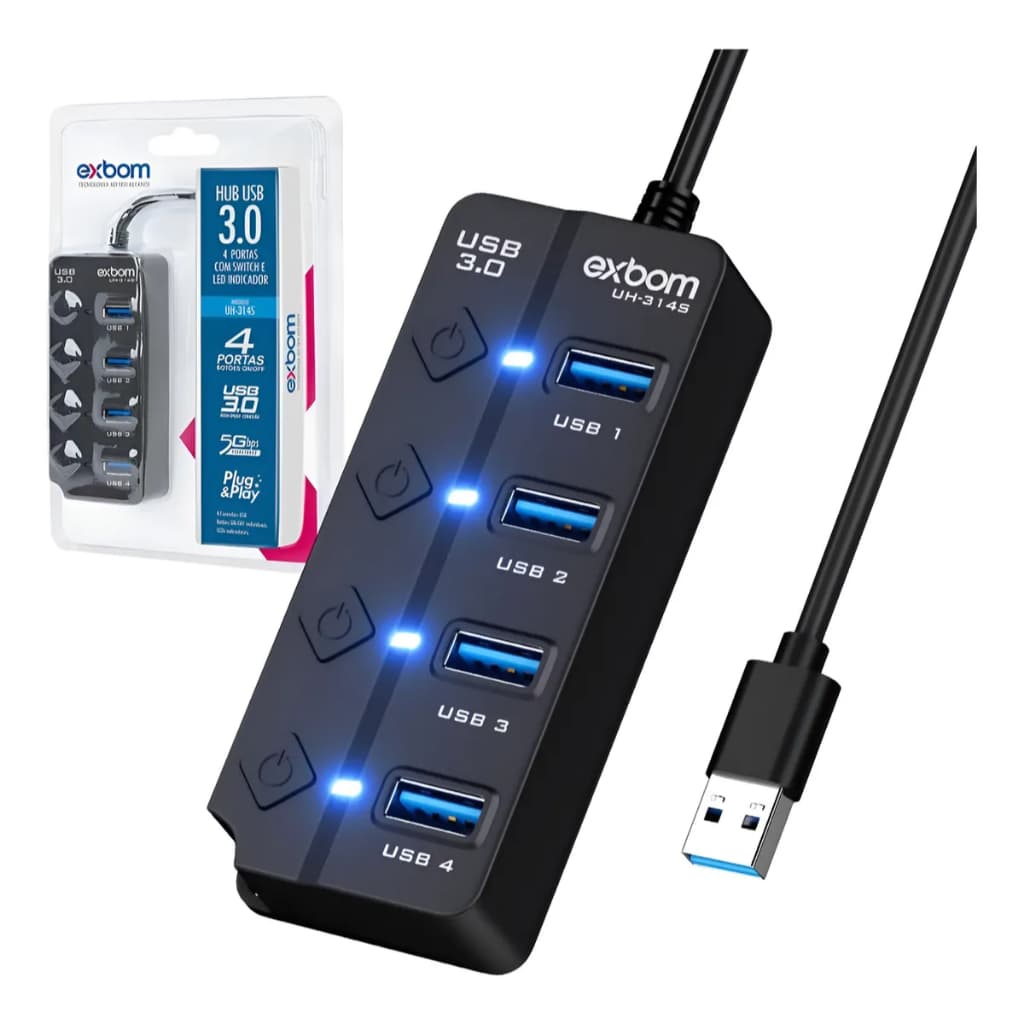Hub Usb 3.0 4 Portas Indicador Led Liga E Desliga Uh-314s