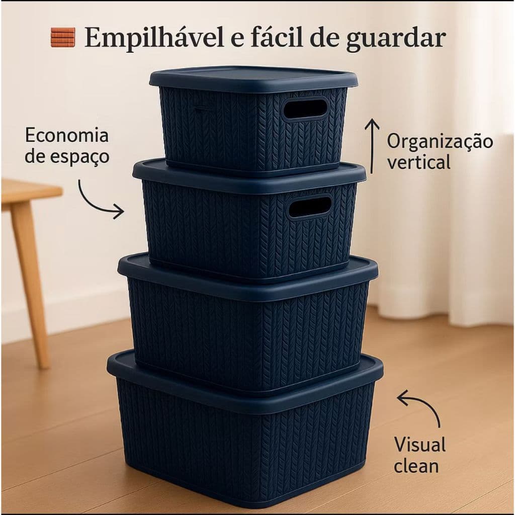 Kit 4 Caixas Organizadoras Multiuso Rattan com Tampa