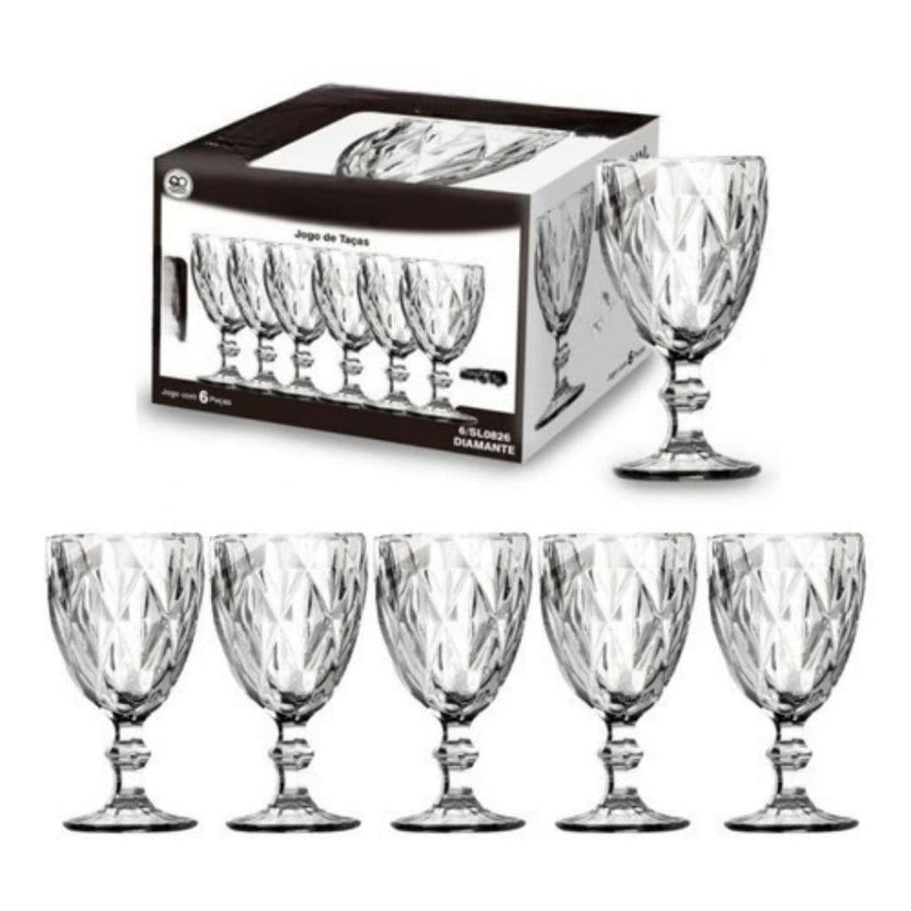 Jogo 6 Taças de Vidro Diamond 330ml Transparente Para Vinho Água e Sucos