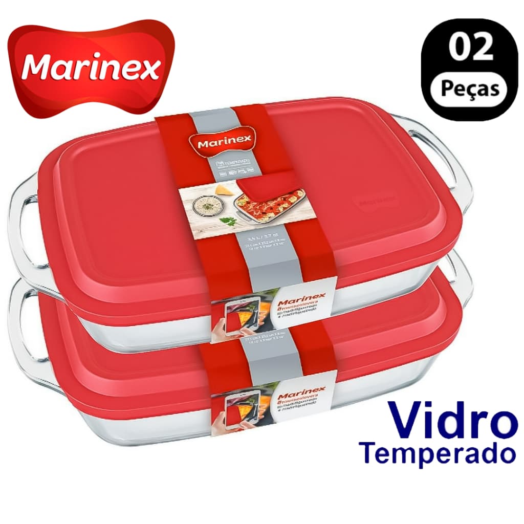 Jogo de Assadeiras Marinex Travessa de vidro com tampa Lasanheira 3.5 litro Retangular Culinaria