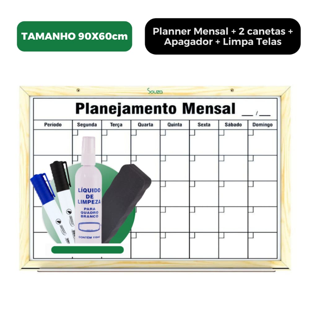 Planner Mensal 90x60cm Organizador de Rotina  + 2 Canetas + Apagador + Limpador Quadro Branco