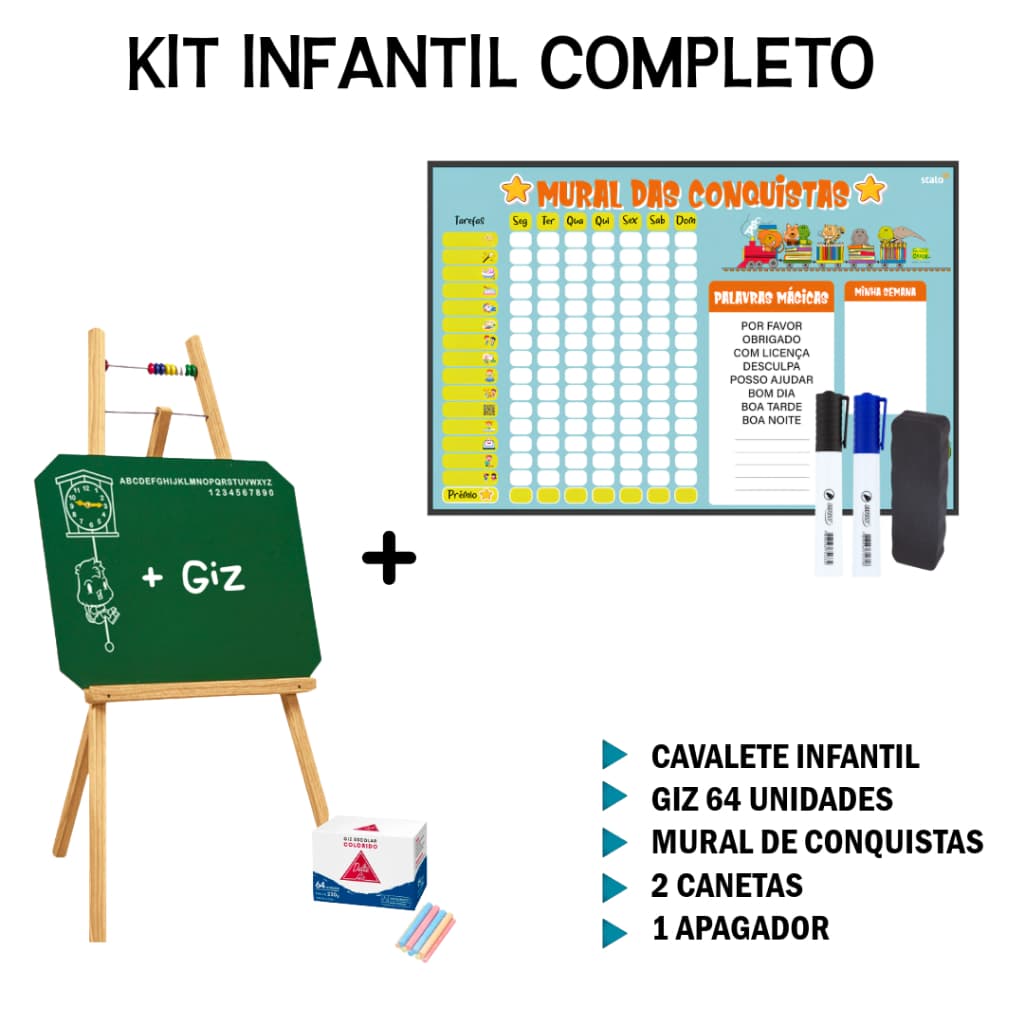 Mural de Conquistas Infantil 60x40cm  + Cavalete Infantil + 2 canetas + Apagador + Giz Colorido