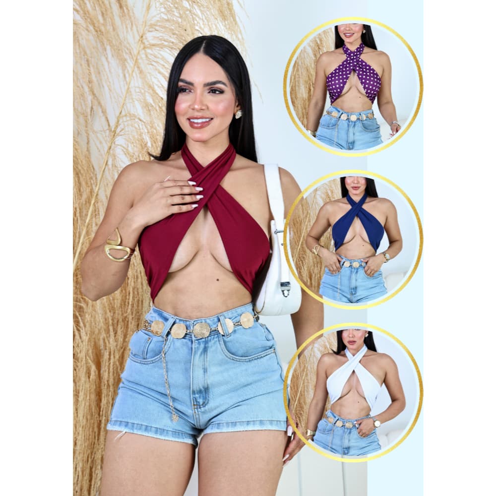 Cropped de amarrar  sem bojo cor lisa ou bolinhas  C002