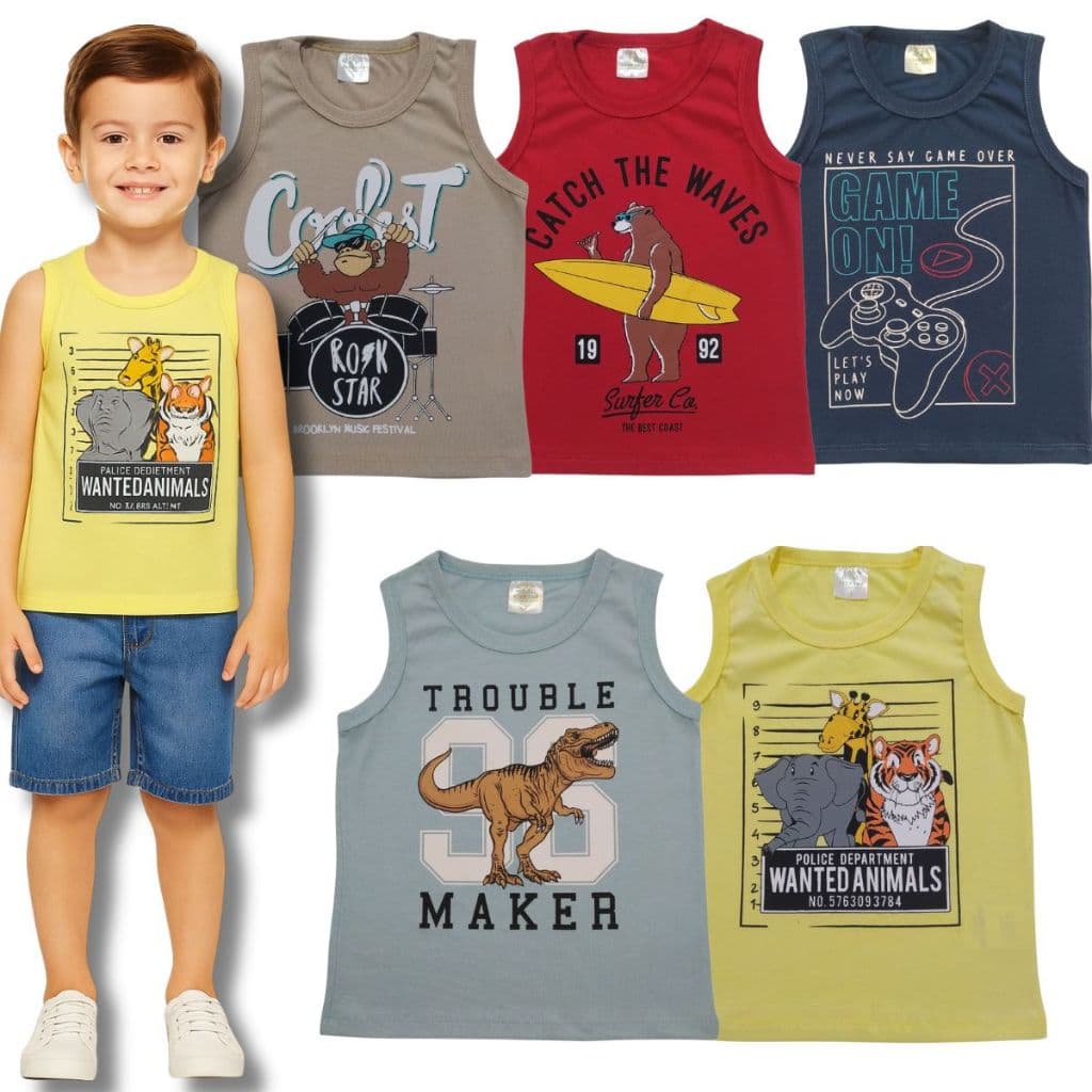 Kit 5 Camiseta Regata Infantil Menino 1 ao 14 - Algodão.