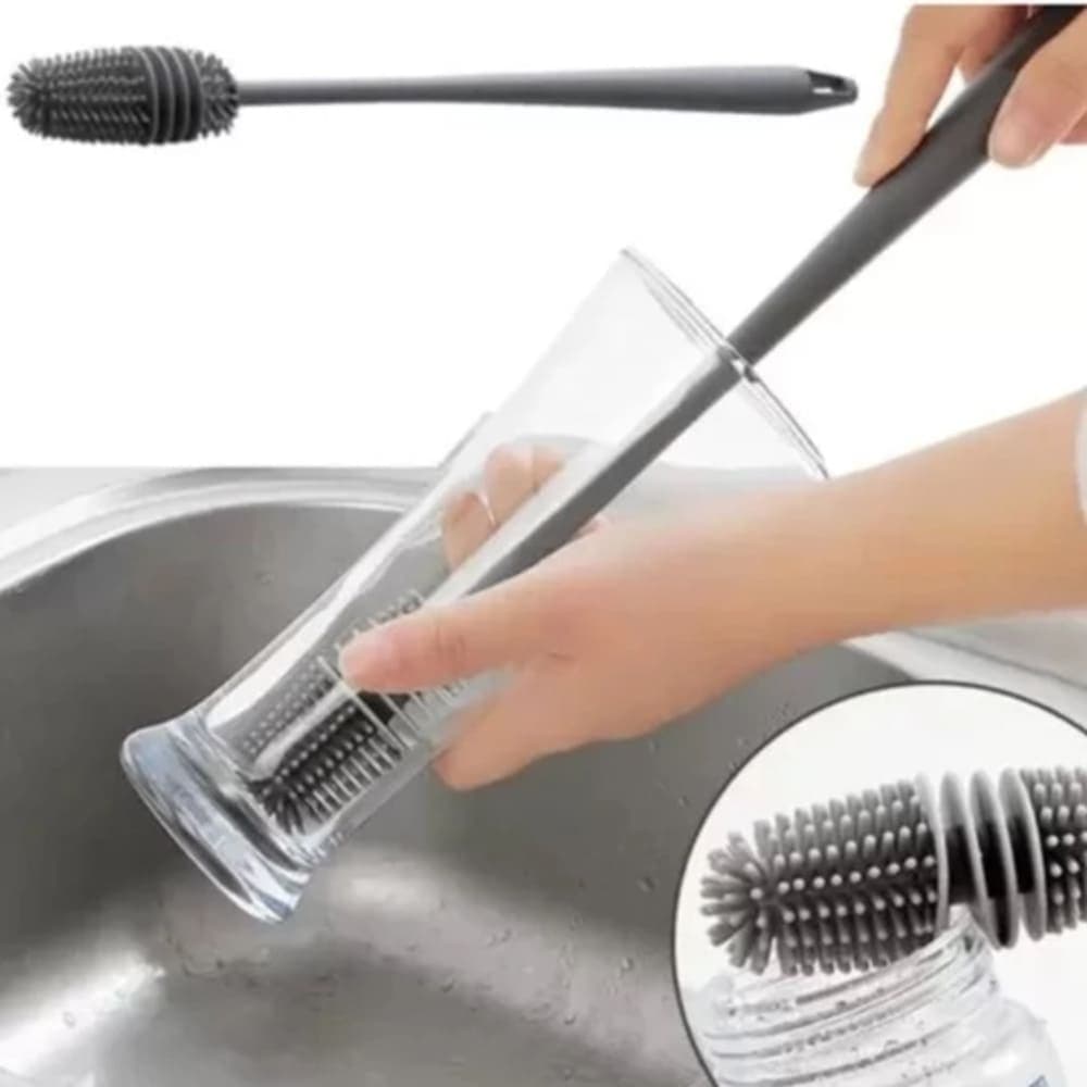 Escova para Limpeza Cabo Longo Silicone  para Garrafa, Mamadeira, Copo Taça Áreas Difíceis Cinza