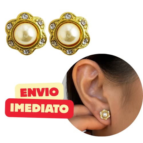 Brinco Pérola com flor Cabochão Folheado a Ouro Elegante-pequeno-Semijoias direto da Fábrica - ENVIO IMEDIATO