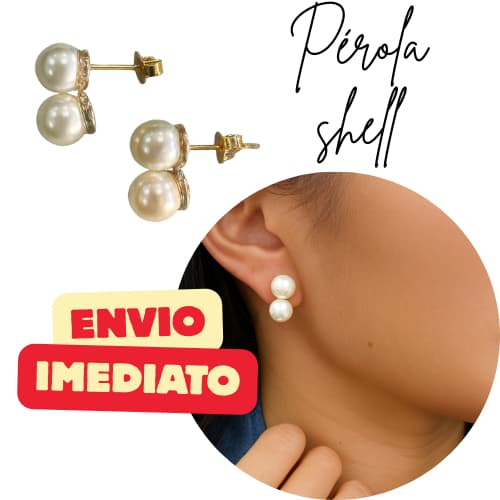 Brinco pérola feminino Folheado a Ouro dourado com Pérola Dupla Shell – Clássico e Elegante - ENVIO IMEDIATO