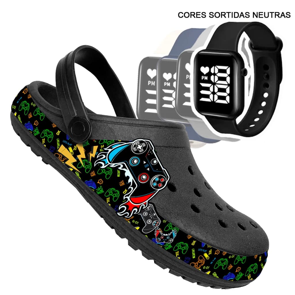 kit Babuche chinelo adulto Masculino Desenhos Personagens + Relógio digital: (cores sortidas)