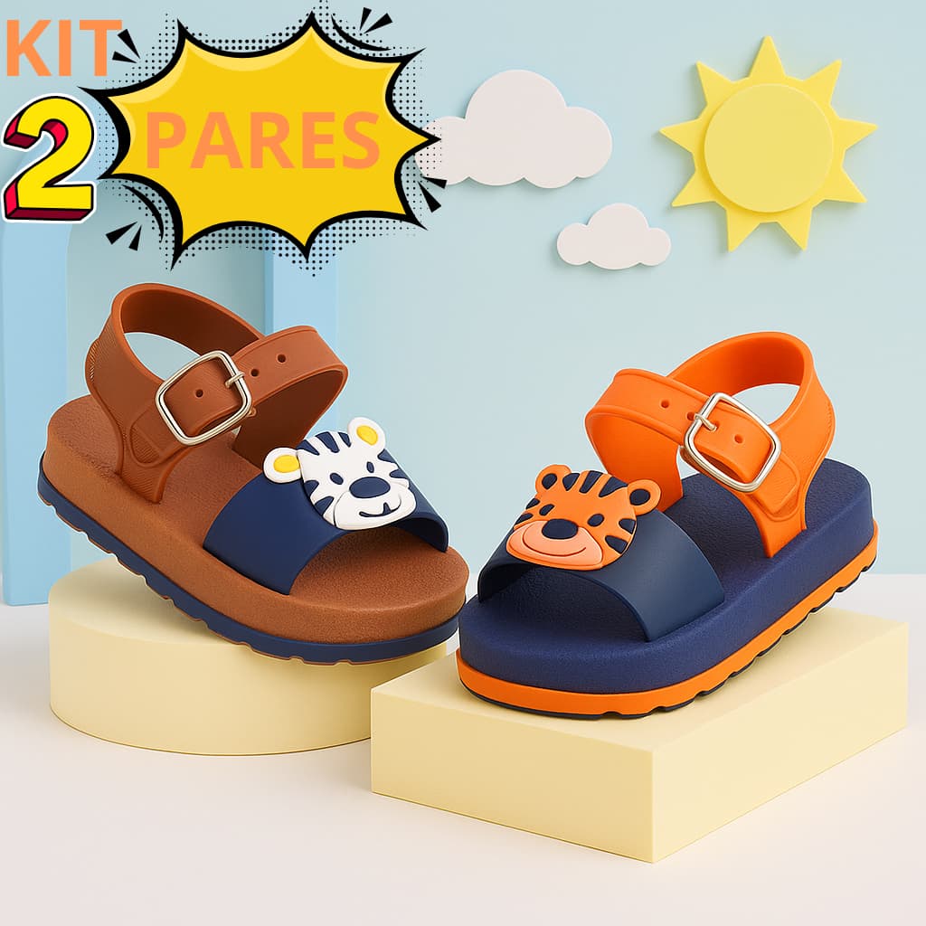 Kit 2 Pares sandália papete infantil bebê masculino menino tigre e zebra antiderrapante confortável