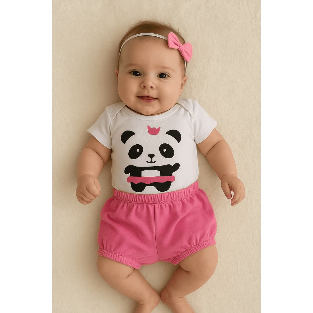 Conjunto Body com Short E Faixinha Bebê Menina Estampa Panda Recém-Nascida Fofo e Confortável