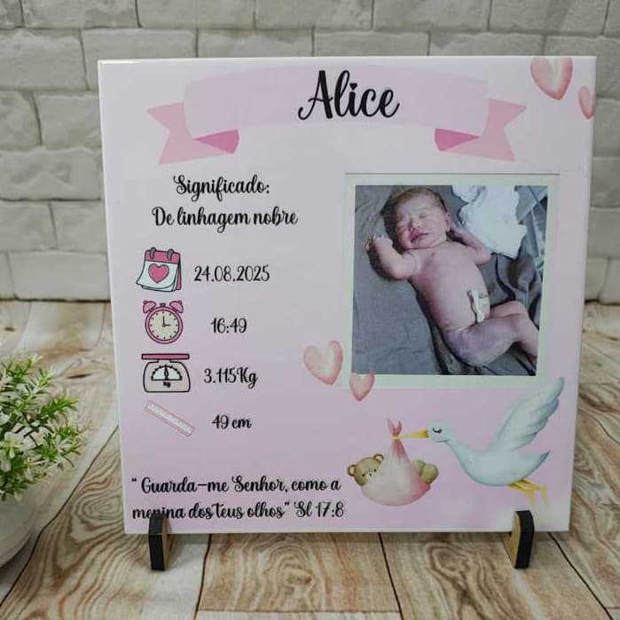 Azulejo Personalizado Bebê Nascimento 20x20 com Suporte Placa Decorativa