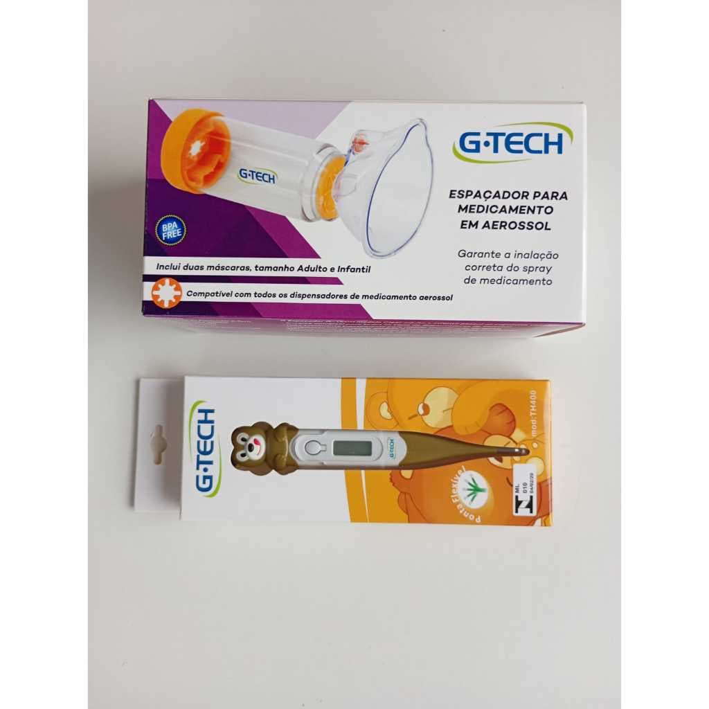 Kit Infantil G-TECH: Espaçador para Bombinha Inalatória + Termômetro Digital Ponta Flexível
