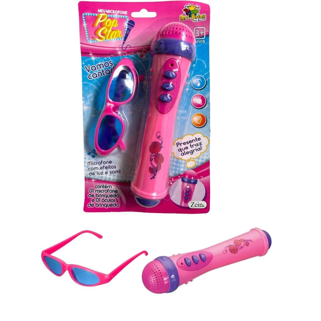 Microfone Infantil com Óculos Pop Star Brinquedo Menina Toca Música e Sai Voz Karaokê